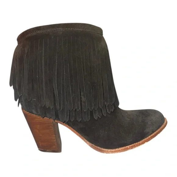 Frye Jenna Fringe Short Black Suede Leather Ankle Booties 7B 3478807-BLK